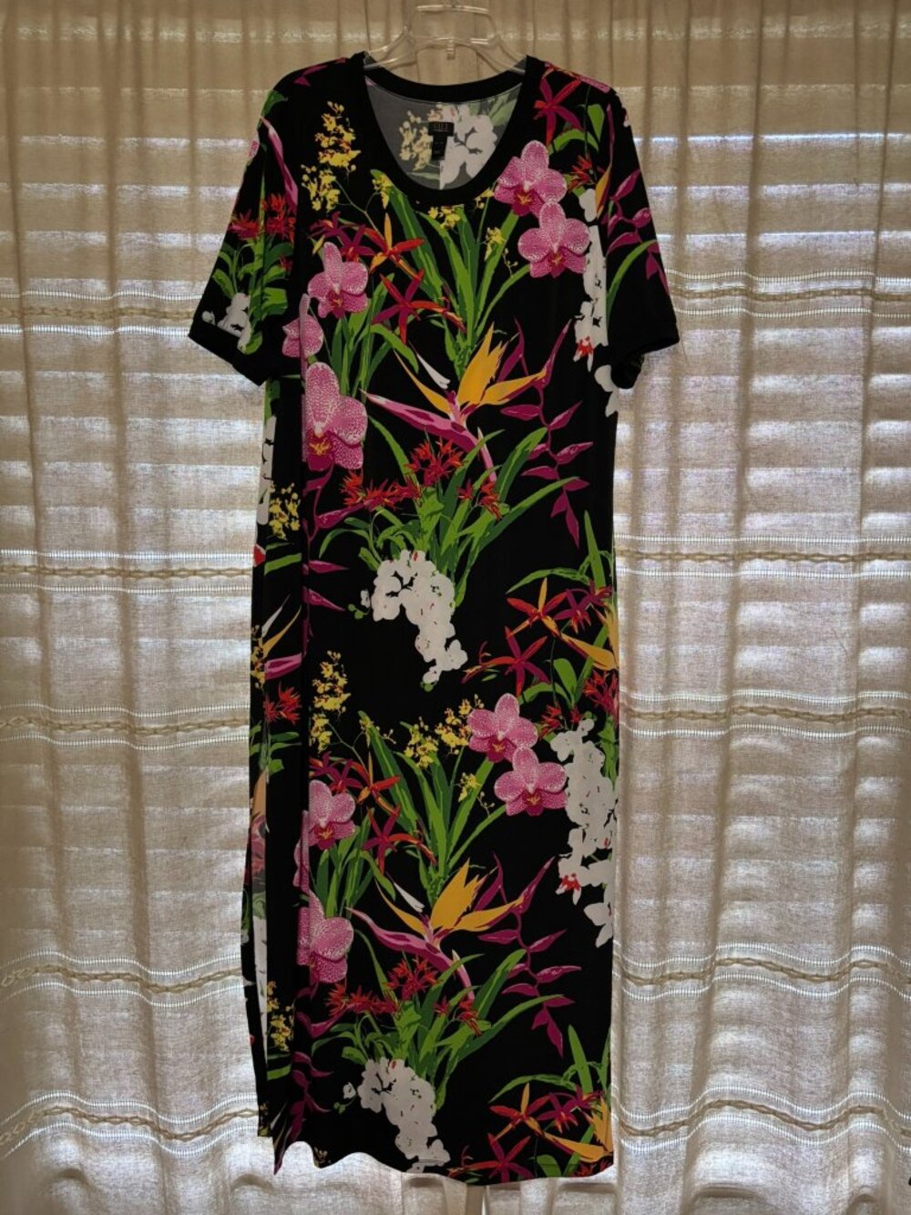 GILI Black Tropical Orchid Bird of Paradise Mock Wrap Maxi Dress XL